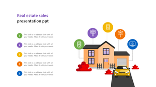 Real estate sales slide featuring a house with colorful icons and placeholder text.