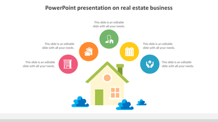 Real estate-themed diagram featuring a house in the center, with six colored icons around it representing various elements.