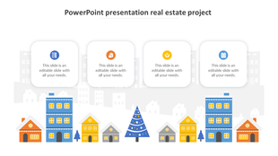 Real estate infographic with colorful houses, a blue Christmas tree, and four rounded text boxes on a city backdrop.