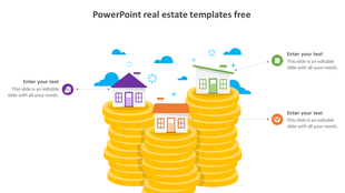 Three houses on stacks of gold coins, each linked to a caption, with blue clouds and icons in the background.