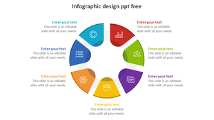 Circular infographic with six multicolored segments, each containing an icon and a placeholder text for customization.