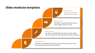 Google Slides medicine template with an orange and white layout of DNA, showcasing medical symbols and text sections.