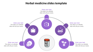 Herbal-themed slide template with purple circular icons for natural medicine, surrounding a central container icon.