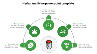 Medicine slide featuring a central pill bottle and five green health related icons in a semi circular layout.