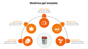 Orange circular infographic featuring five medical icons, like a first aid kit and herbal symbols, surrounding a pill bottle.