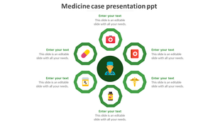 Medicine case presentation template featuring a central doctor icon surrounded by medical symbols and text sections.