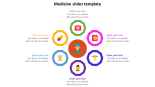 Central circular doctor graphic surrounded by six icons, each in different colors representing medical elements.