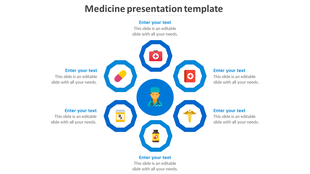 Medical presentation slide with a central doctor icon surrounded by six blue hexagons featuring healthcare related symbols. 