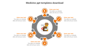 Circular medical infographic with six orange icons around a central medicine bottle, depicting healthcare related symbols. 