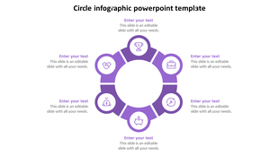 Circular infographic with six purple segment, each containing a icon representing business concepts, with text placeholders. 