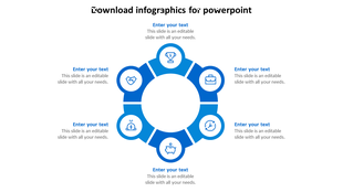 Circular design with six blue segments, each containing an icon, with placeholders for text around the circle.