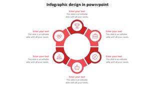 Circular infographic with six red icons, each representing a different concept, with space for text beside each.