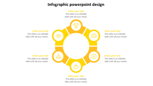 Monochrome circular infographic Google Slides template with six yellow segments and text placeholders on a white backdrop.