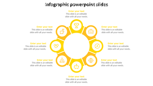 Infographic template with eight yellow sections arranged in a circle, each with an icon and text area.