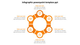Orange circular infographic divided into six segments with text placeholders and icons such as a dollar sign and clock.