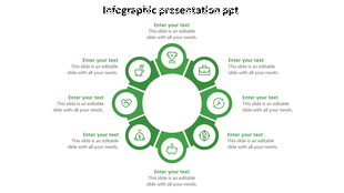 Infographic with eight green icons in a circular layout, depicting financial, productivity, and business related elements. 