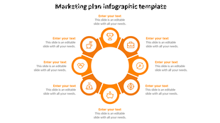 Slide featuring an orange circular infographic with eight segments, each containing an icon and space for text.
