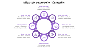 Infographic PPT template with a purple circular design, featuring eight icons with placeholder text on a white backdrop.