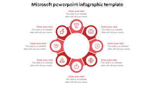 Microsoft infographic with eight red sections, each containing an icon, arranged around a  white circle with placeholders text.