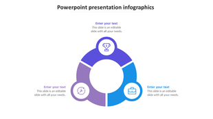 Circular infographic with three segment in blue and purple, featuring icons of a trophy, clock, and briefcase, with captions.