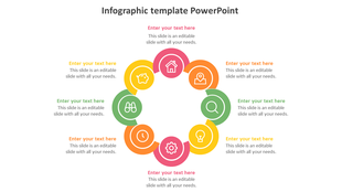 Colorful circular infographic with eight sections, each with an icon and text area, forming a closed loop layout.