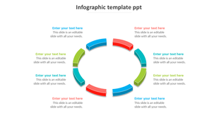 Circular infographic PowerPoint template with segmented, color coded 3D elements and text placeholders on a white backdrop.