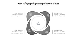 Infographic with four overlapping gray petals around a central thumbs up icon, each petal containing a business symbol.