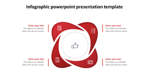 Infographic PowerPoint presentation template with a modern red swirl design and central thumbs up icon with placeholder text.