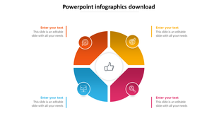 Circular infographic with four quadrants in orange, yellow, blue, and red, each with icons, surrounding a thumbs up icon.