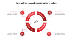Red circular infographic template, with four sections arranged around a central thumbs up icon, each with space for text.