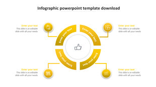 Infographic slide featuring a central thumbs-up icon surrounded by six yellow icons and placeholders text areas.