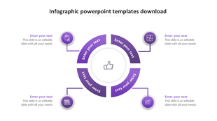 Infographic Google slide featuring a purple circular layout with 4 sections and text placeholders with icons on a white theme.