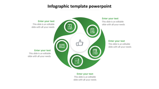 Green circular infographic with segments surrounding a central thumbs up icon, each linked to an outer business icon.