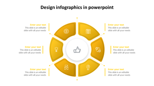 Circular infographic with six yellow segmented sections around a central thumbs up icon, each linked to text placeholders.