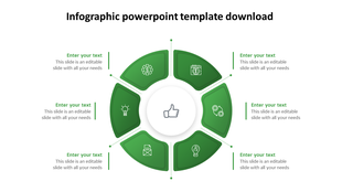 Green and white infographic template with six segments, each with icons and text, forming a circular layout.
