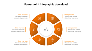 Circular infographic with six orange segments surrounding a central thumbs up icon, each linked to placeholder text. 