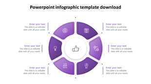 Circular infographic design with six purple segments, each containing an icon and text, around a central thumbs up symbol.