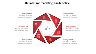 Circular layout with six red triangles, featuring icons, representing a marketing plan, centered around a thumbs up symbol.