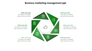 Business marketing management PowerPoint template with a circular green triangular diagram and central thumbs up icon.