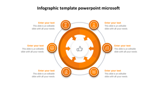 Infographic PPT template with an orange circular diagram, six icons, and text placeholders on a white backdrop.