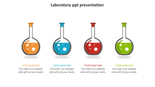 Four laboratory flasks filled with orange, blue, red, and green liquids, arranged horizontally with text below.