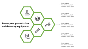 Green hexagonal infographic PowerPoint slide featuring icons with placeholder text on a white backdrop.