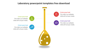 Central yellow lab flask with four circular colored icons on both sides representing different laboratory tools.