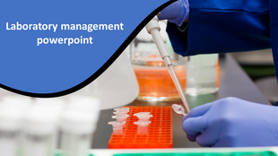 Laboratory management slide with a blue overlay and an image of a scientist handling samples with a pipette. 