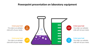 Illustration of lab tools including a purple liquid flask and green beaker with text placeholders areas.