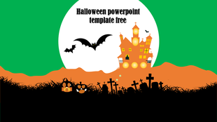 Halloween slide featuring a haunted castle, bats flying across a full moon, jack-o'-lanterns, and graveyard silhouettes. 