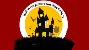 Halloween  slide with a haunted house silhouette, bats, a ghost, and a glowing full moon on a red background. 