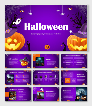 Happy Halloween Purple Slide With Pumpkins, Ghost, Spiders, Webs, Witch Hats, Trees, Text Holders And Shapes Layout