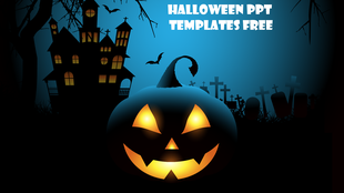Halloween PowerPoint slide with a glowing jack o' lantern in the foreground and a haunted house in the background.