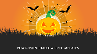 Halloween slide with a smiling pumpkin, flying bats, and an orange sunset background with radiant rays.